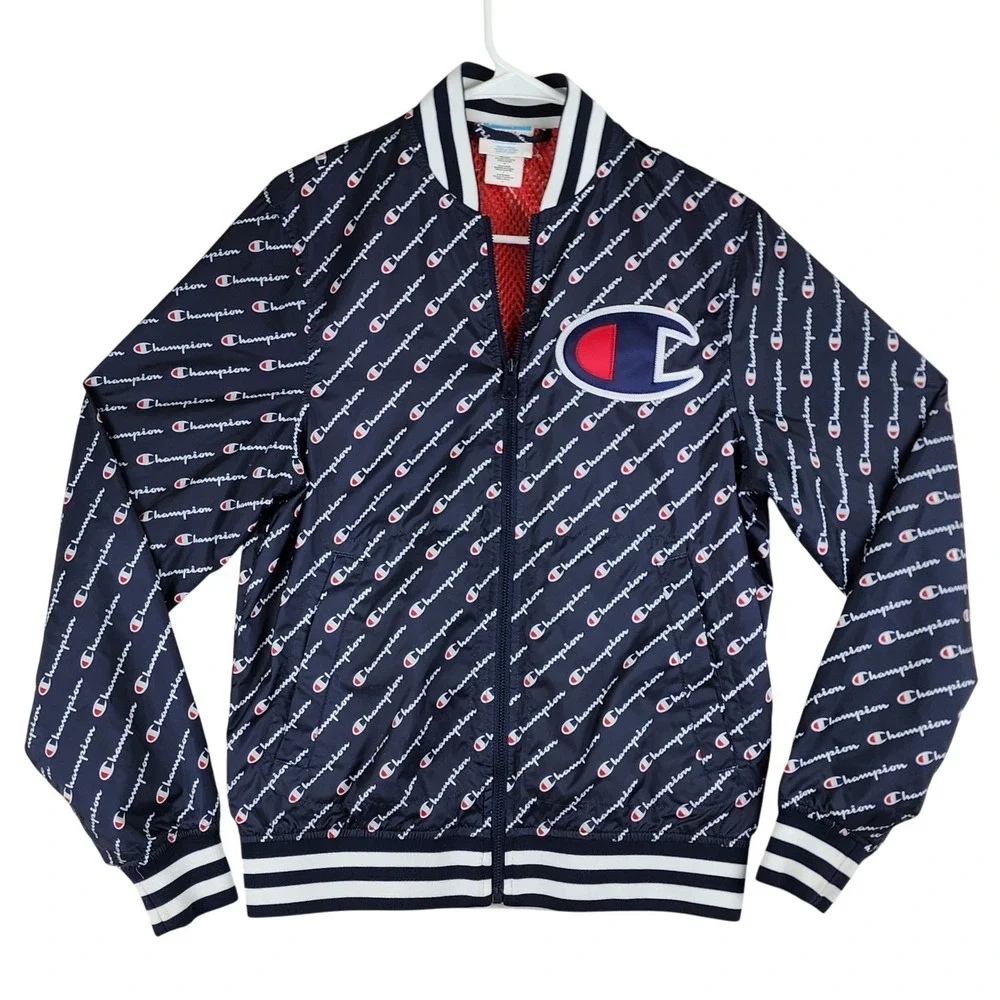 VTG Champion Script Logo Windbreaker Jacket Mens S Navy Blue Varsity Streetwear